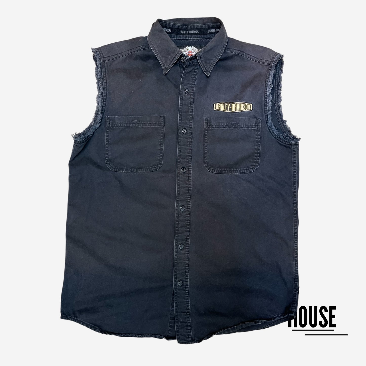 Harley Davidson Sleeveless Denim Vest in Black/Gold