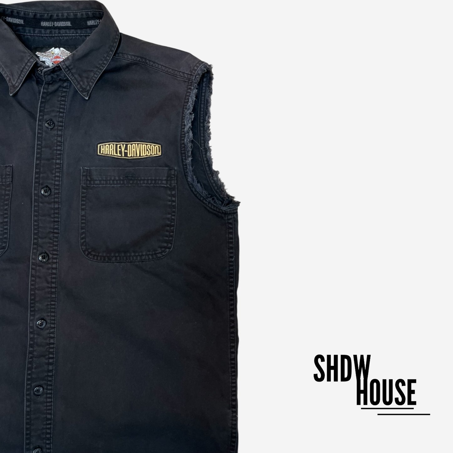 Harley Davidson Sleeveless Denim Vest in Black/Gold