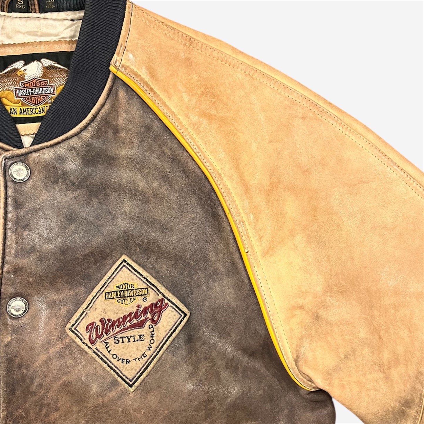 Harley Davidson “Winning Style” Embroidered Leather Coat in Brown/Tan