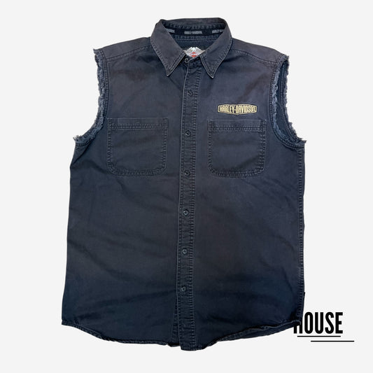 Harley Davidson Sleeveless Denim Vest in Black/Gold