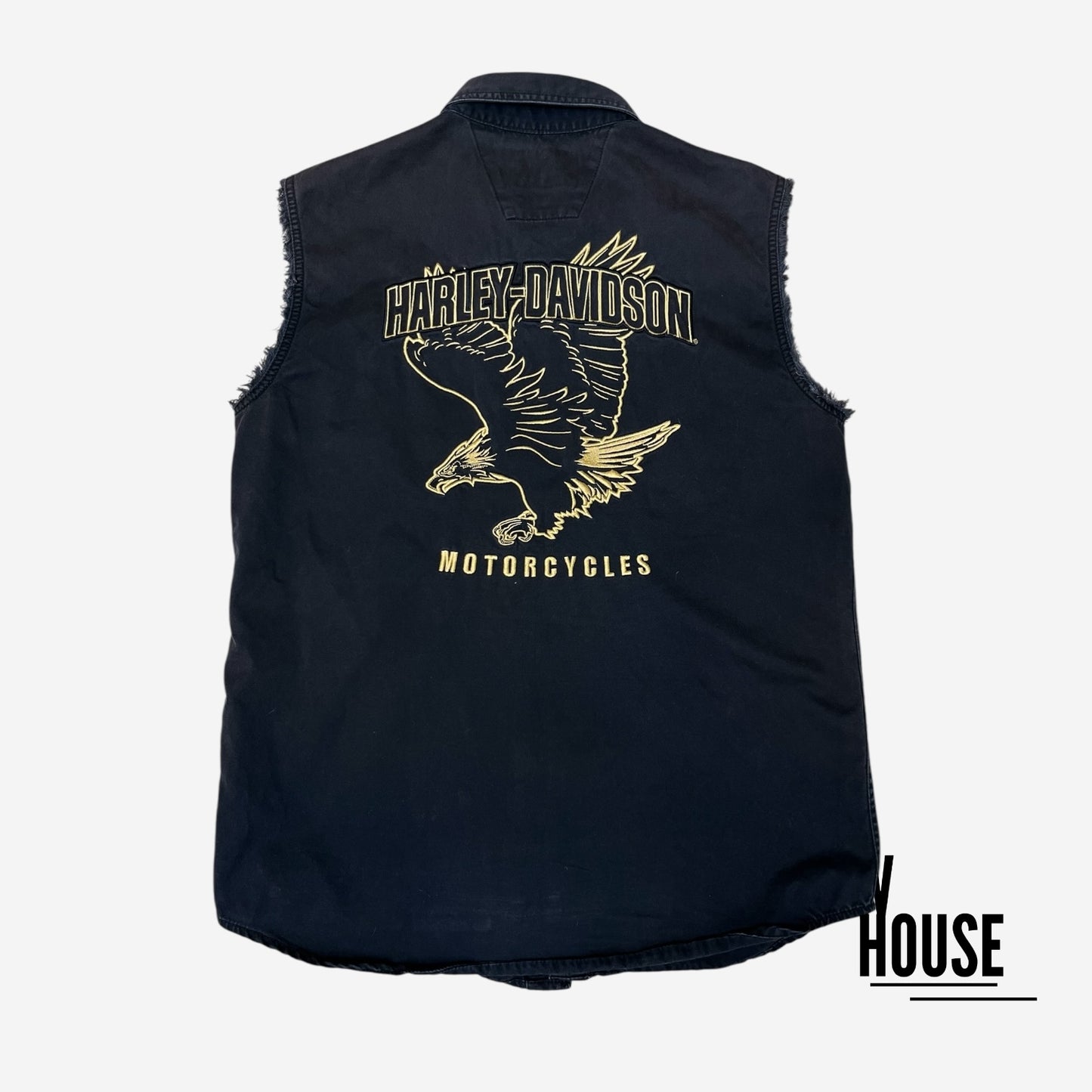 Harley Davidson Sleeveless Denim Vest in Black/Gold