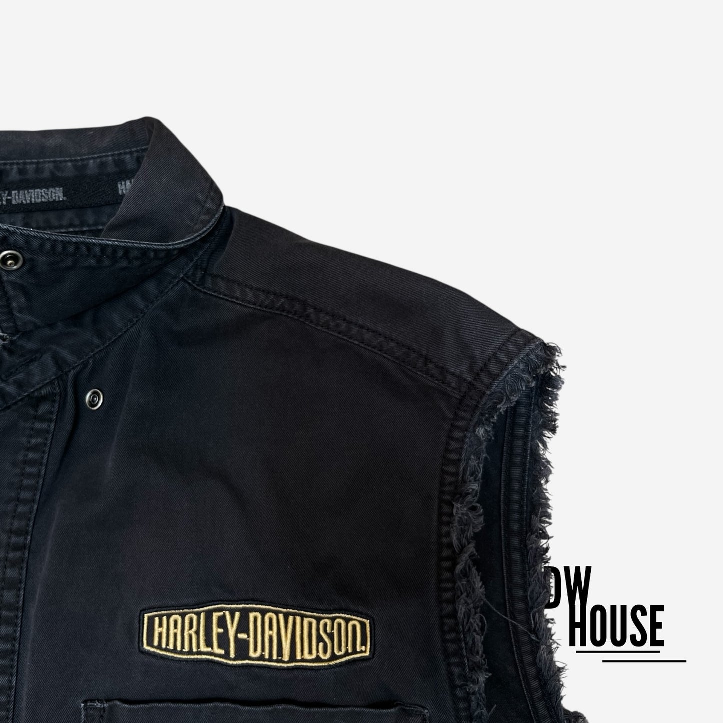 Harley Davidson Sleeveless Denim Vest in Black/Gold