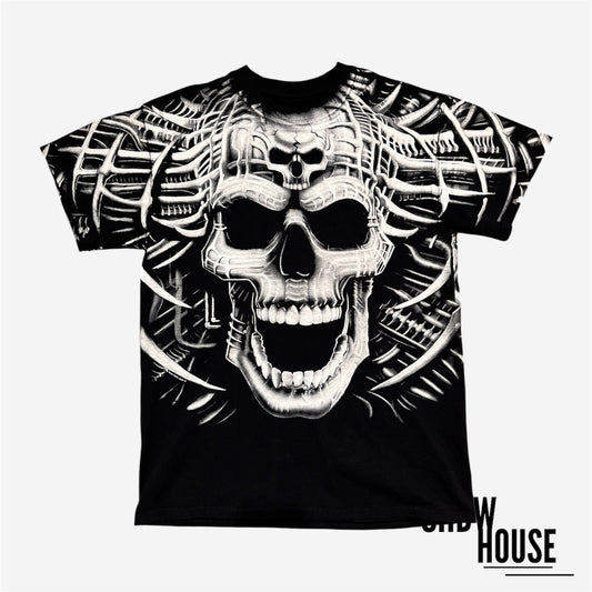 Liquid Blue White Skull AOP Tee in Black